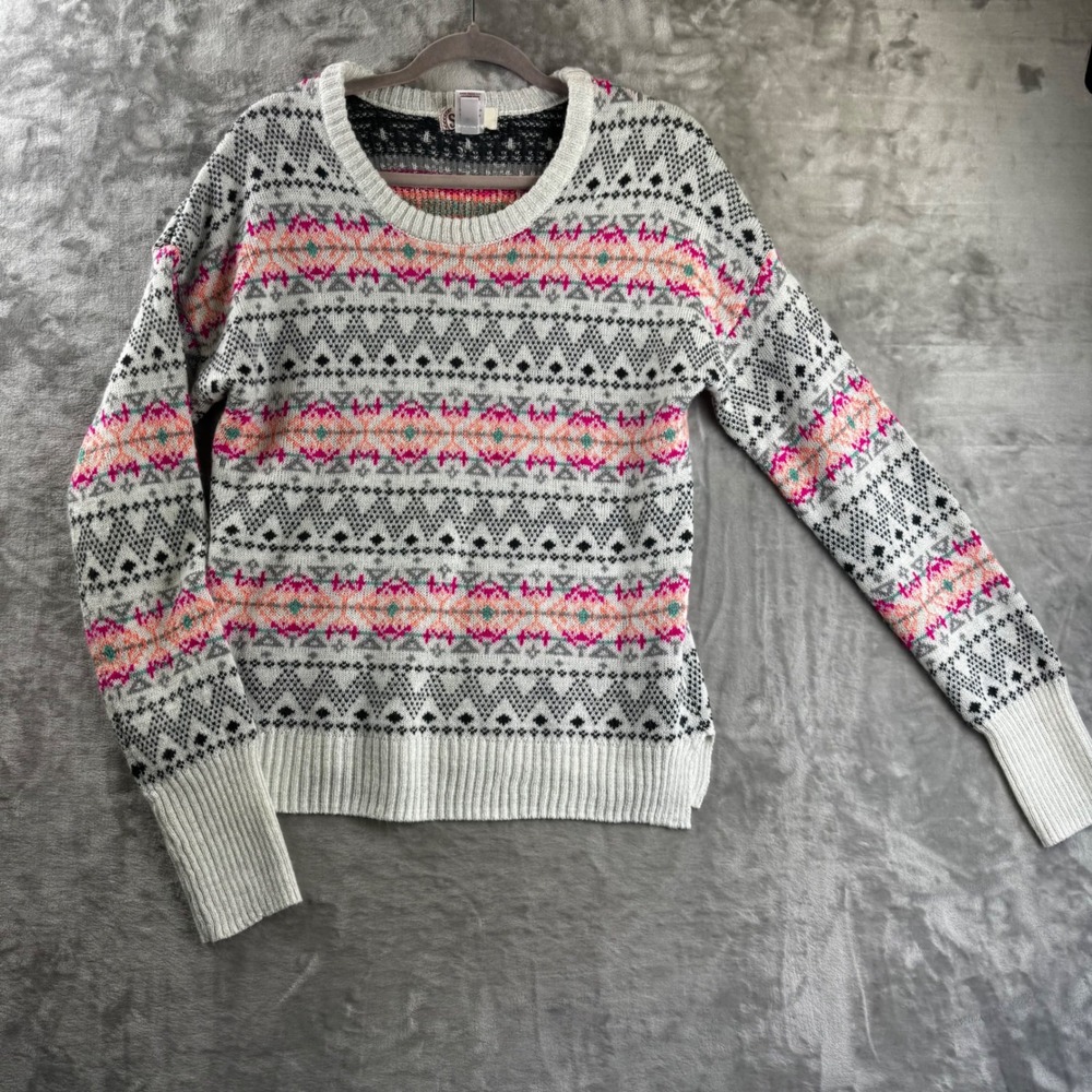 SO Heritage Fair Isle Sweater Womens XL White Pink Geometric Knit (1844))